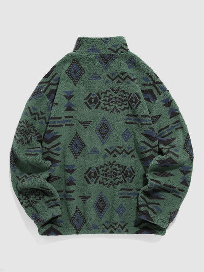 KZZ Men's Ethnic Pattern Drop Shoulder Zipper Sweatshirt