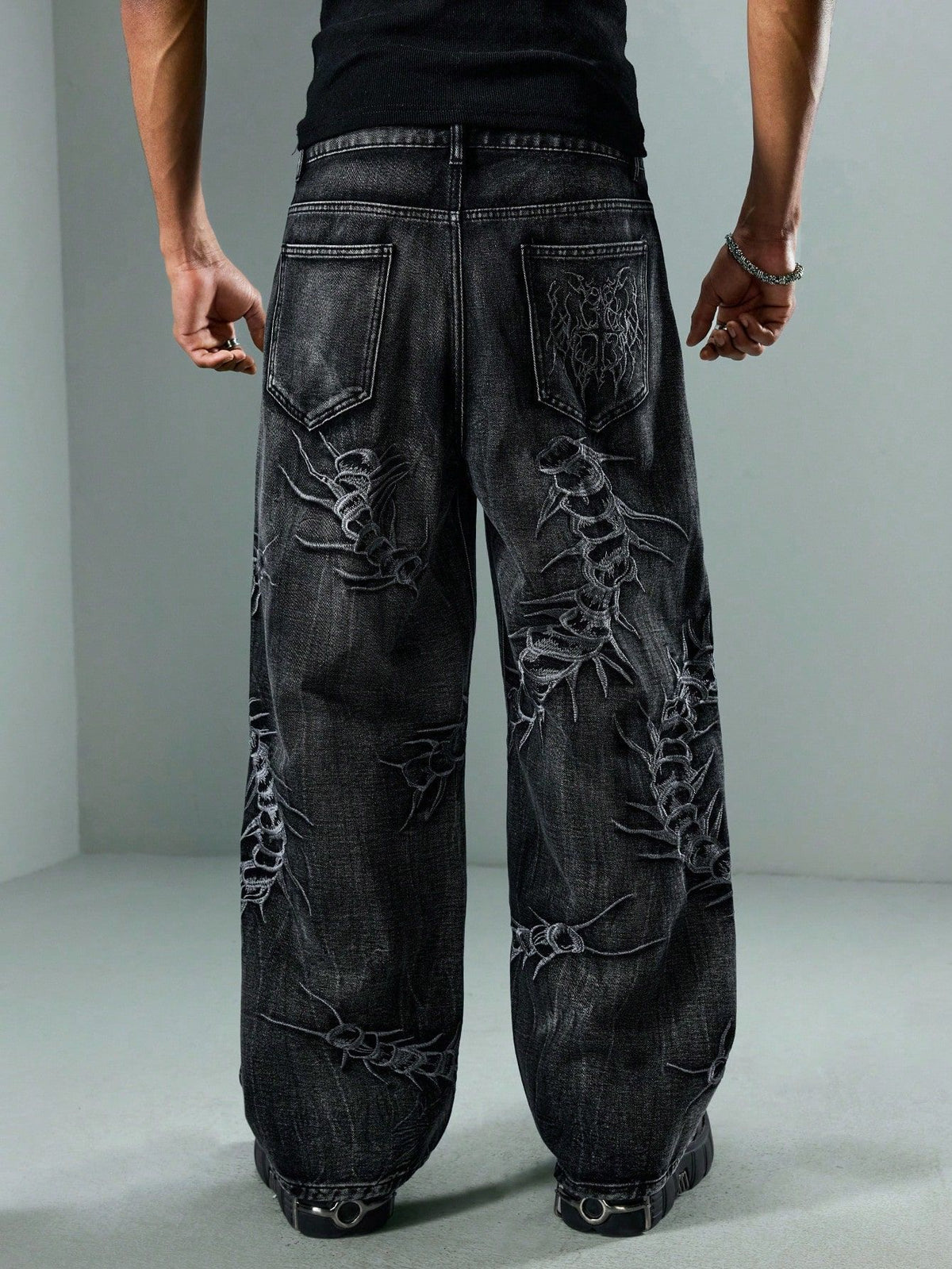 KZZ American Retro 3D Bone Embroidery Washed Jeans
