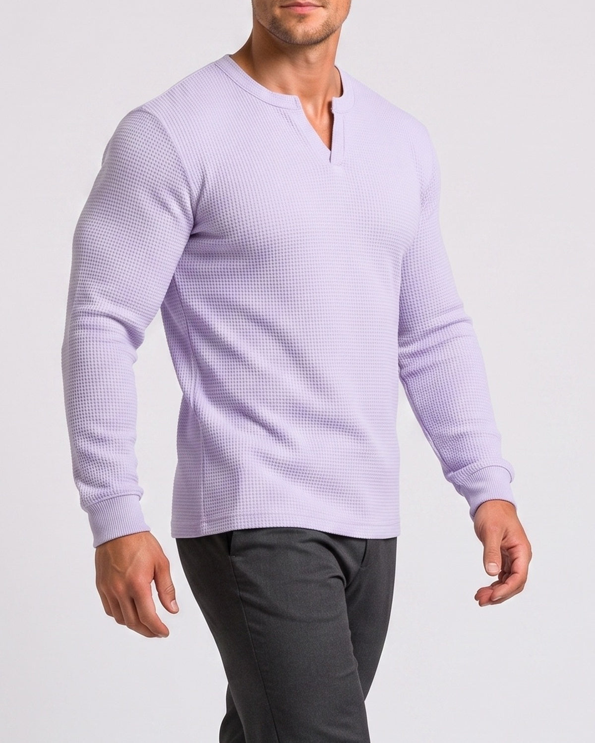 KZZ Men's Minimalist Waffle-Knit Long-Sleeve T-Shirt