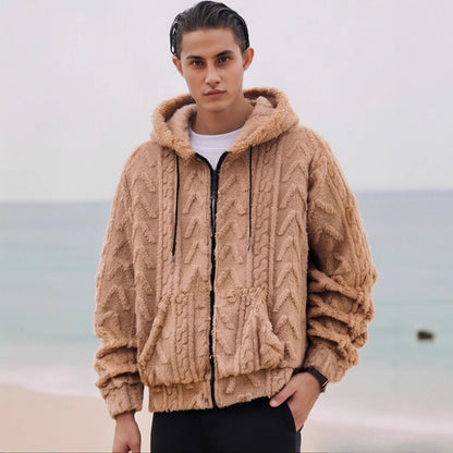 KZZ Men's Solid Drop Shoulder Drawstring Zip Up Hooded Jacket