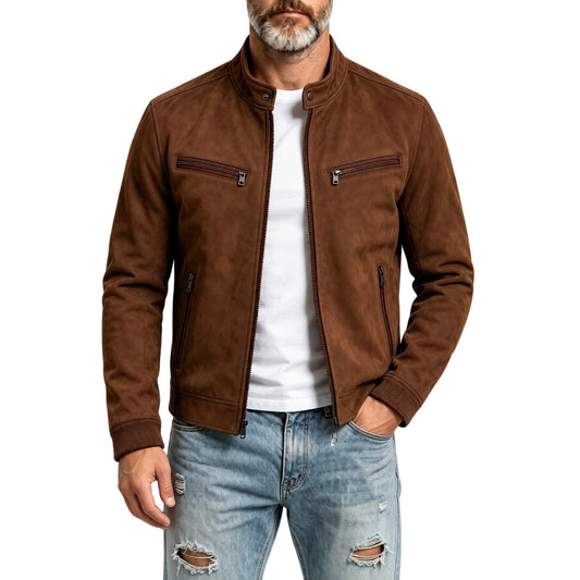 KZZ Suede stand-up collar motorcycle jacket for men, multi-zipper casual style