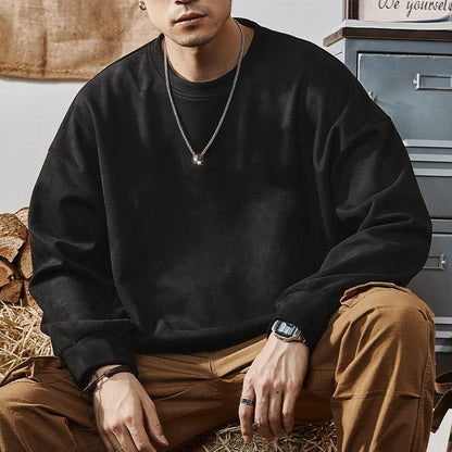 KZZ Men's Solid Color Round Neck Drop Shoulder Long Sleeve Sweatshirt