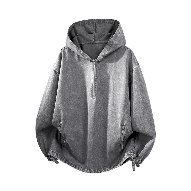 KZZ Men's Washed Half-Zip Hooded Sweatshirt