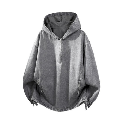KZZ Men's Washed Half-Zip Hooded Sweatshirt