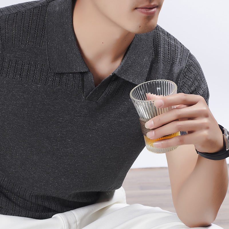 KZZ Summer Solid-Color V-Neck Short-Sleeve Polo Shirt