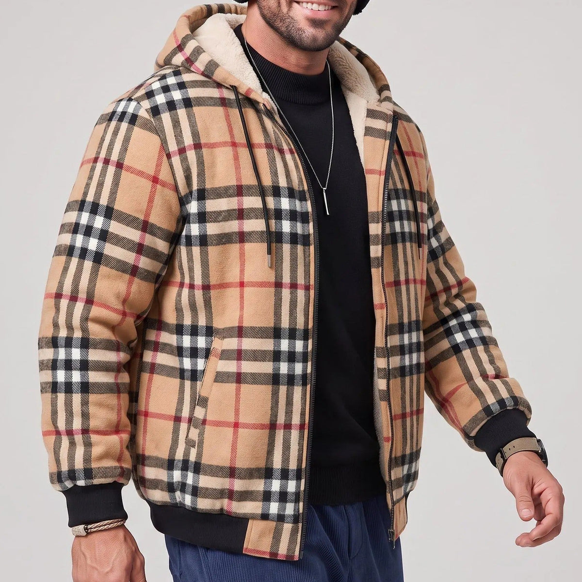 KZZ Men's Long-Sleeve Plaid Jacket