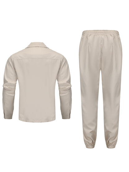 KZZ Men's Solid Button Pocket Lapel Neck Jacket & Drawstring Waist Cargo Pant Set