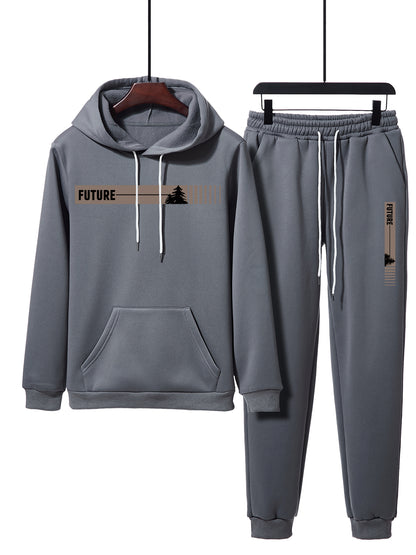 KZZ Two-piece Set Men's Tree Graphic Hoodie & Drawstring Waist Sweatpants