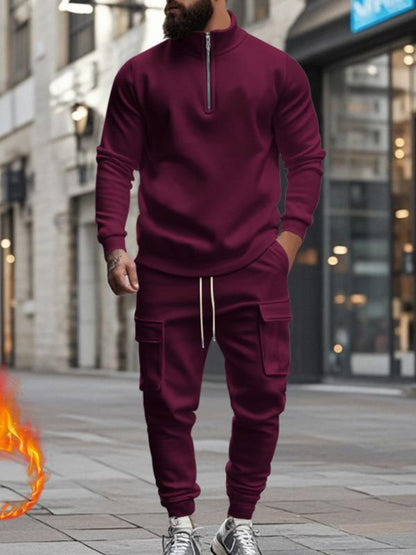 KZZ Men's Casual Fleece Lined Zipper Work Pants Set