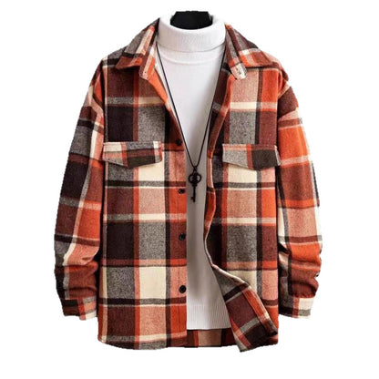 KZZ Men's Casual Loose-Fit Plaid Shirt,Vintage Style Long Sleeve Button Front Top