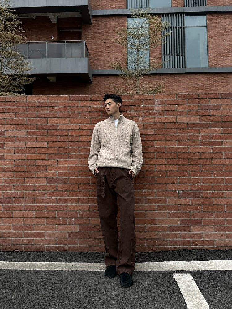 KZZ Men's solid color zipper sweater, fashionable knit long sleeved