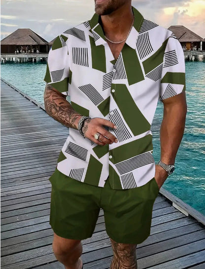 KZZ Men's Geometric Print Shirt & Shorts Two-piece Set