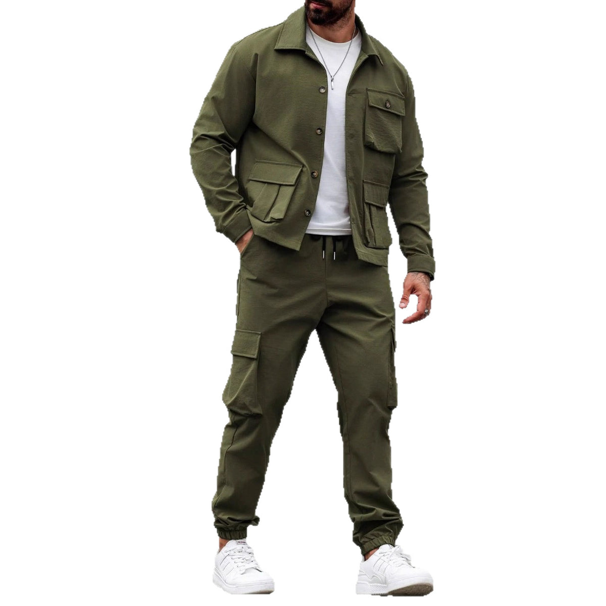 KZZ Men's Solid Color Pocket Button Front Shirt & Pants Two-Piece Set