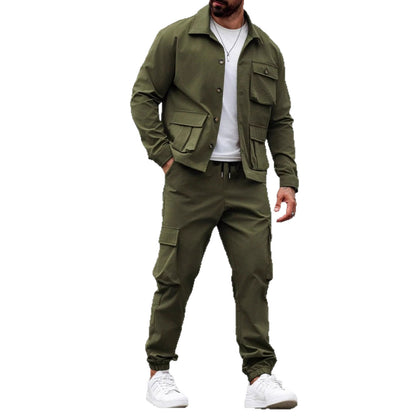 KZZ Men's Solid Color Pocket Button Front Shirt & Pants Two-Piece Set