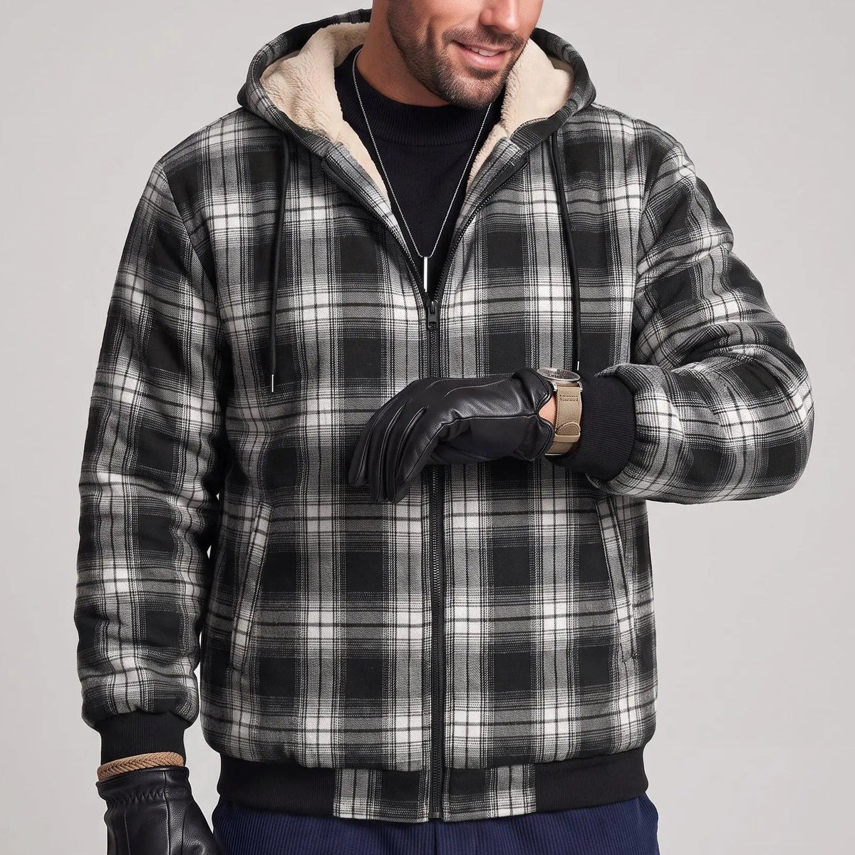 KZZ Men's Long-Sleeve Plaid Jacket
