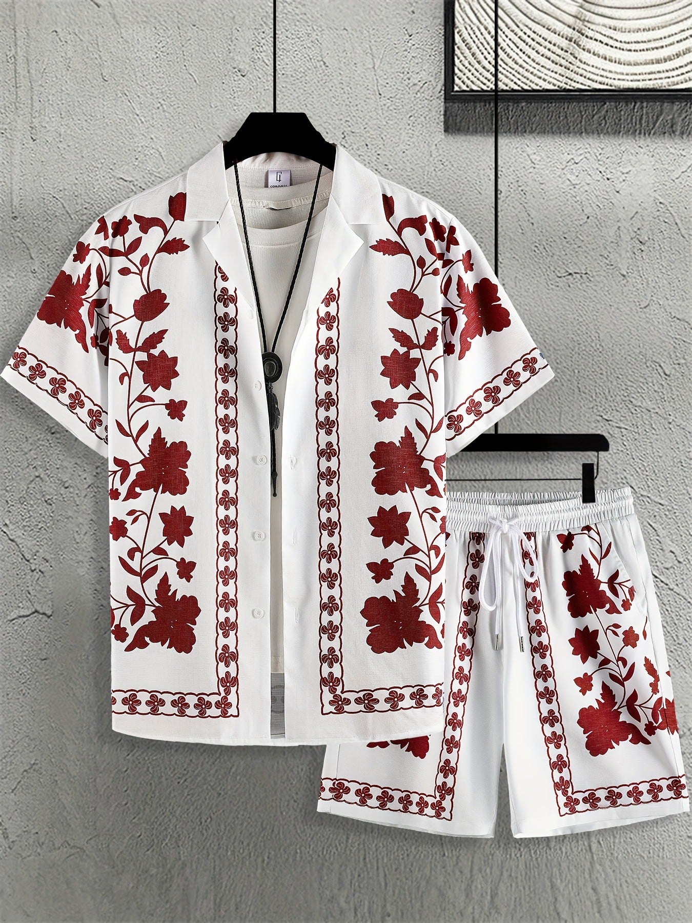 KZZ Men's ethnic-style patterned button-down shirt and shorts loungewear two-piece set