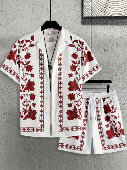 KZZ Men's ethnic-style patterned button-down shirt and shorts loungewear two-piece set