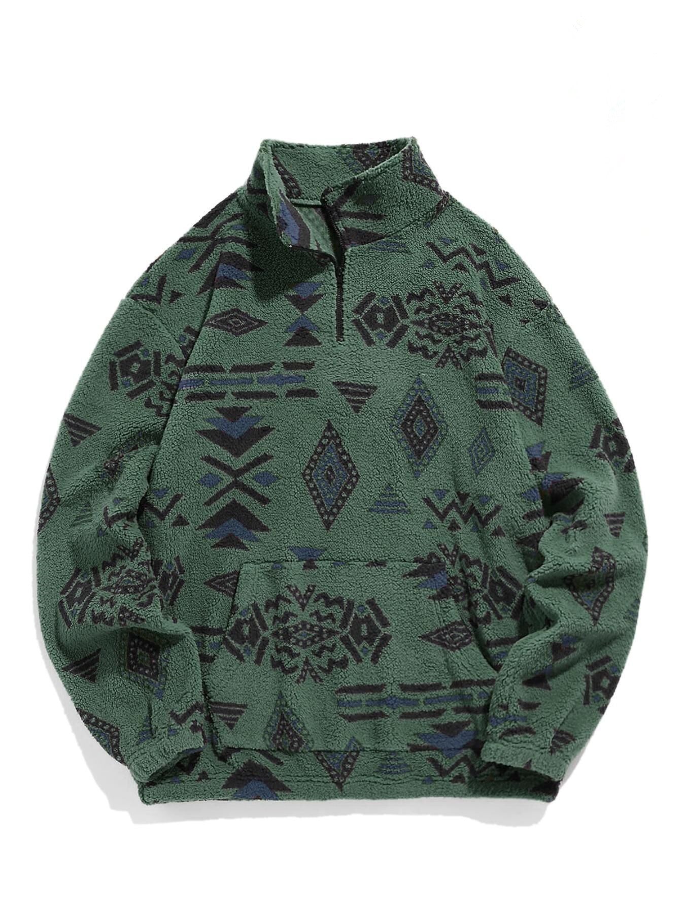 KZZ Men's Ethnic Pattern Drop Shoulder Zipper Sweatshirt