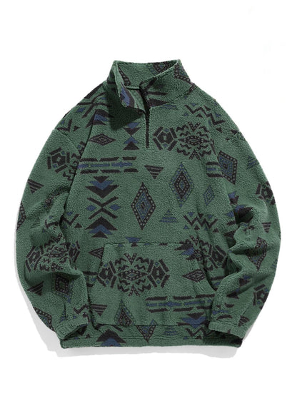 KZZ Men's Ethnic Pattern Drop Shoulder Zipper Sweatshirt