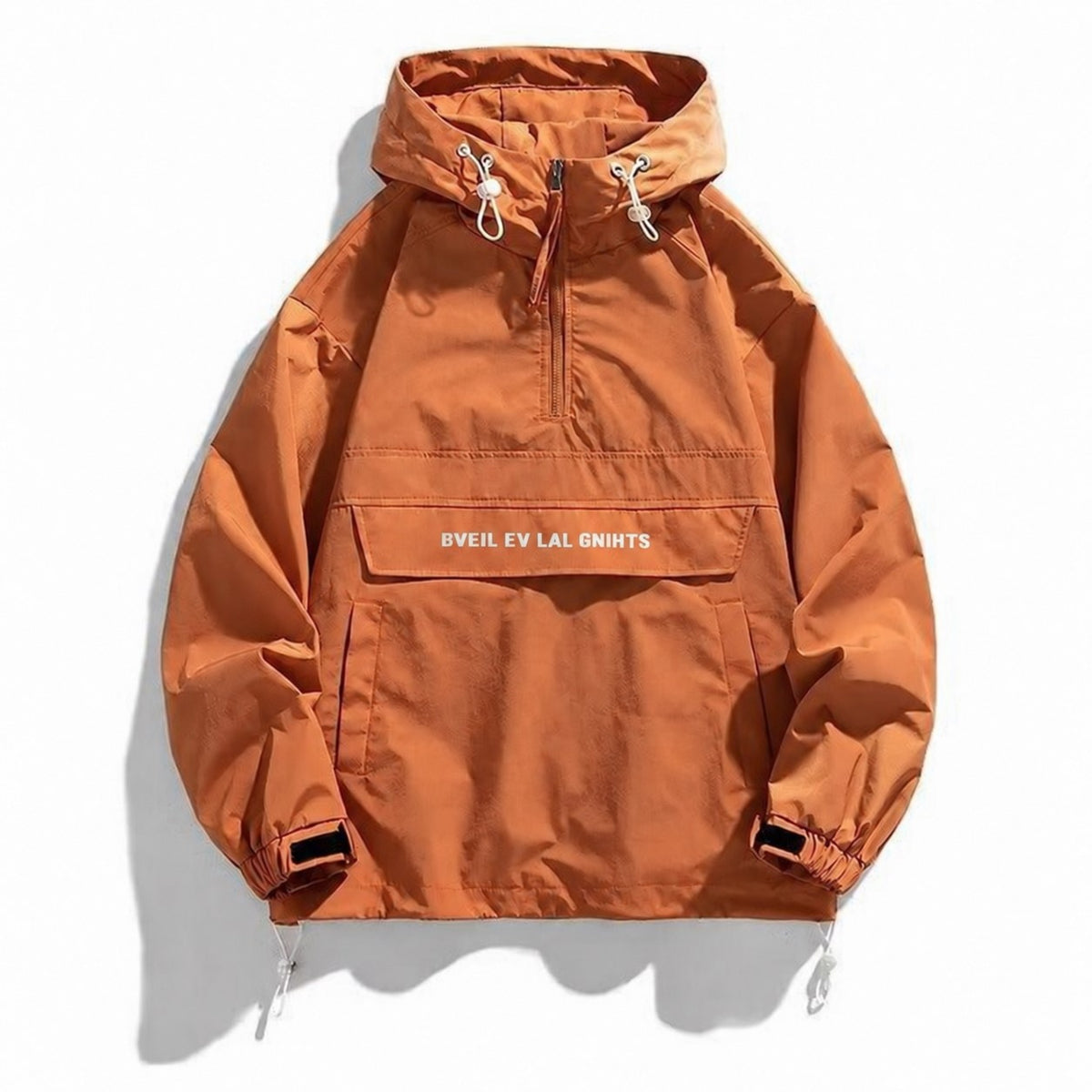 KZZ Men's Letter Print Drawstring Pocket Half Zipper Hooded Jacket