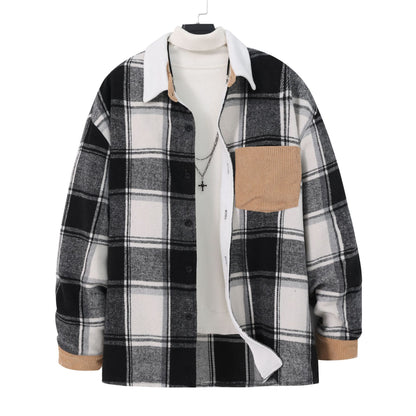 KZZ Men's Plaid Fleece Lined Shirt Jacket Colorblock Pattern