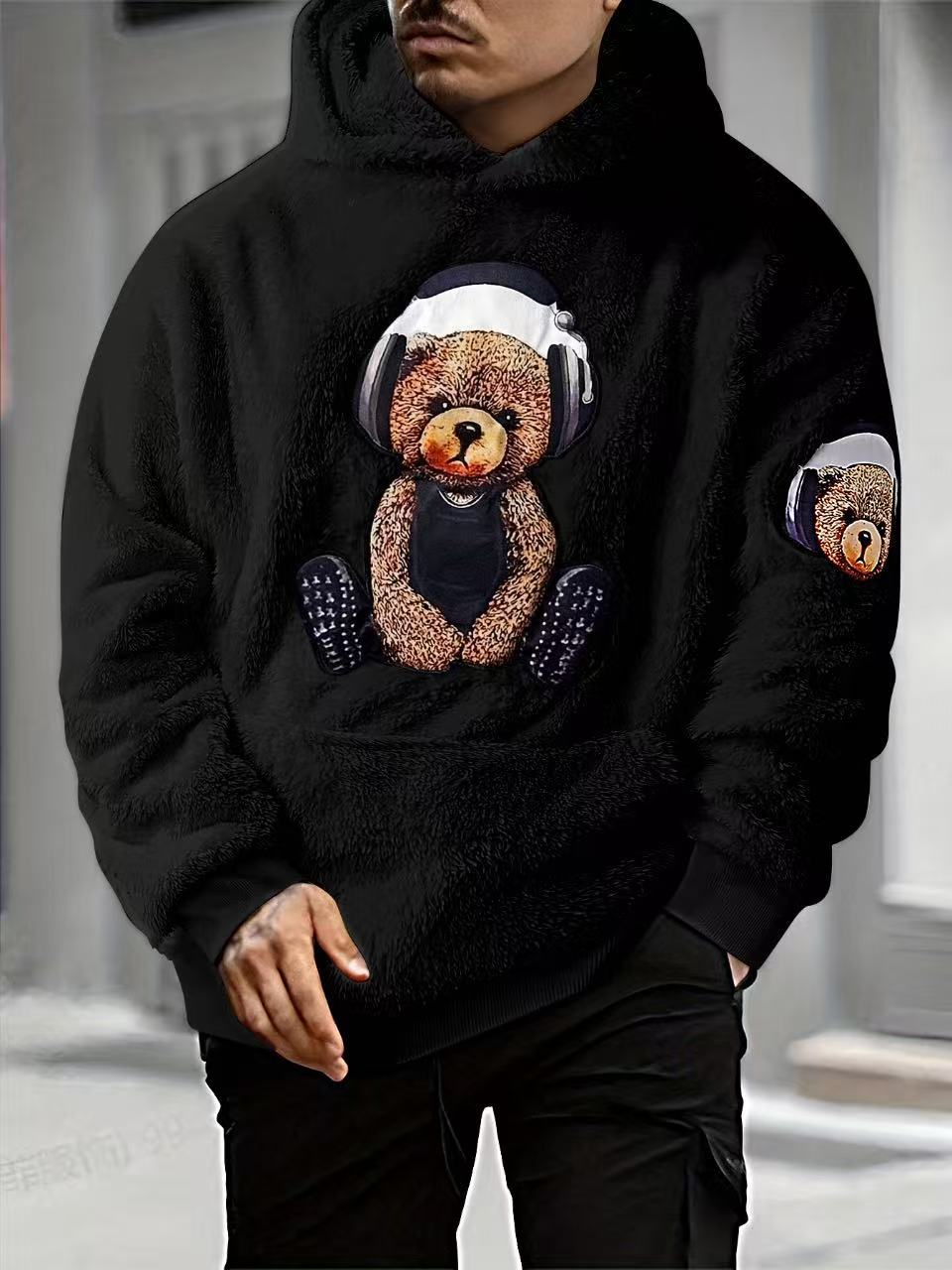KZZ Men's Cartoon Bear Embroidery Pocket Fuzzy Hoodie
