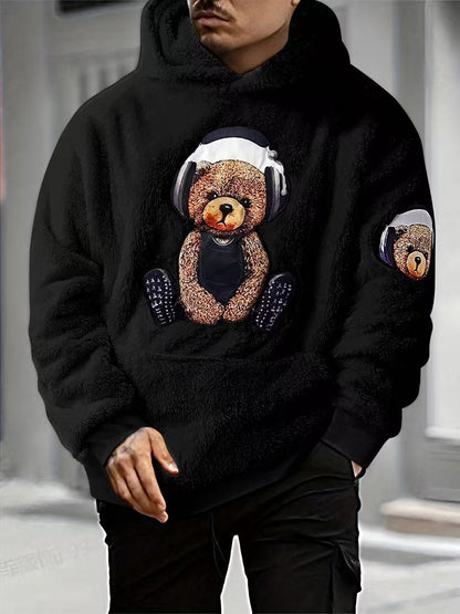 KZZ Men's Cartoon Bear Embroidery Pocket Fuzzy Hoodie