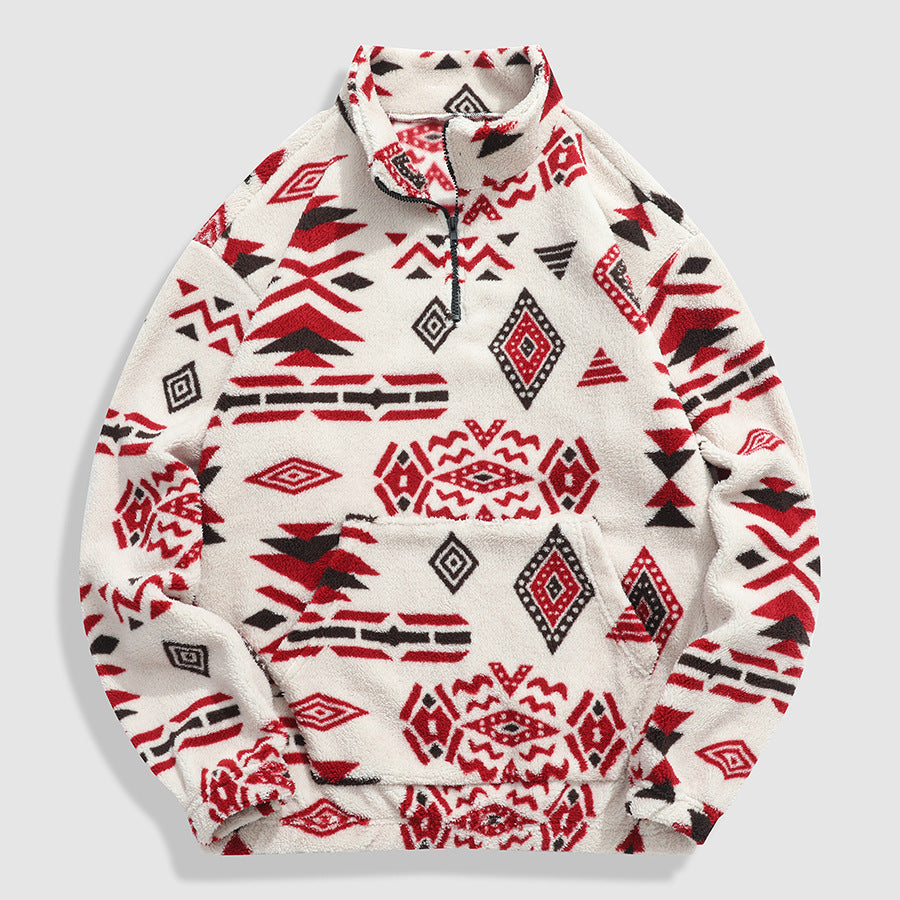 KZZ Men's Ethnic Pattern Drop Shoulder Zipper Sweatshirt