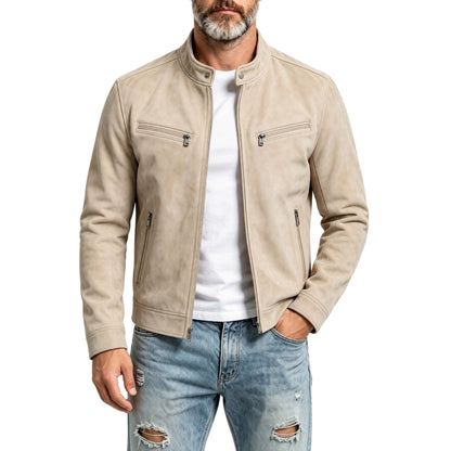 KZZ Suede stand-up collar motorcycle jacket for men, multi-zipper casual style