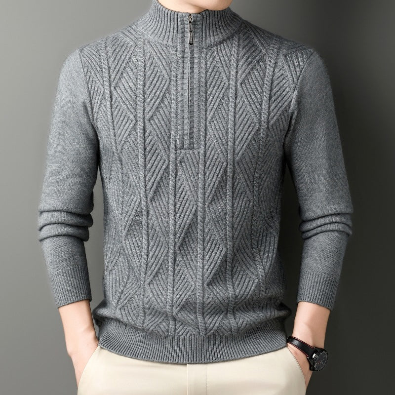 KZZ Men's solid color quarter-zip stand collar knit long-sleeved top