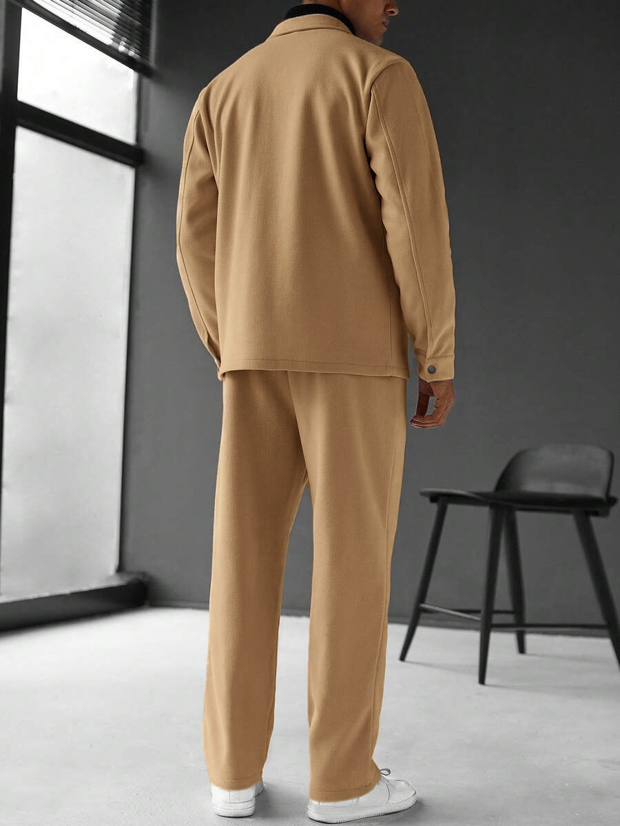 KZZ Men's Solid Color Pocket Jacket and Belt Waist Pants Sport Suit Regular Version Mature Business Style