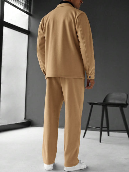 KZZ Men's Solid Color Pocket Jacket and Belt Waist Pants Sport Suit Regular Version Mature Business Style