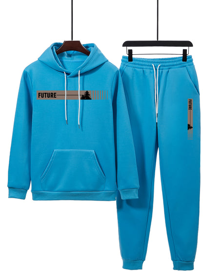 KZZ Two-piece Set Men's Tree Graphic Hoodie & Drawstring Waist Sweatpants