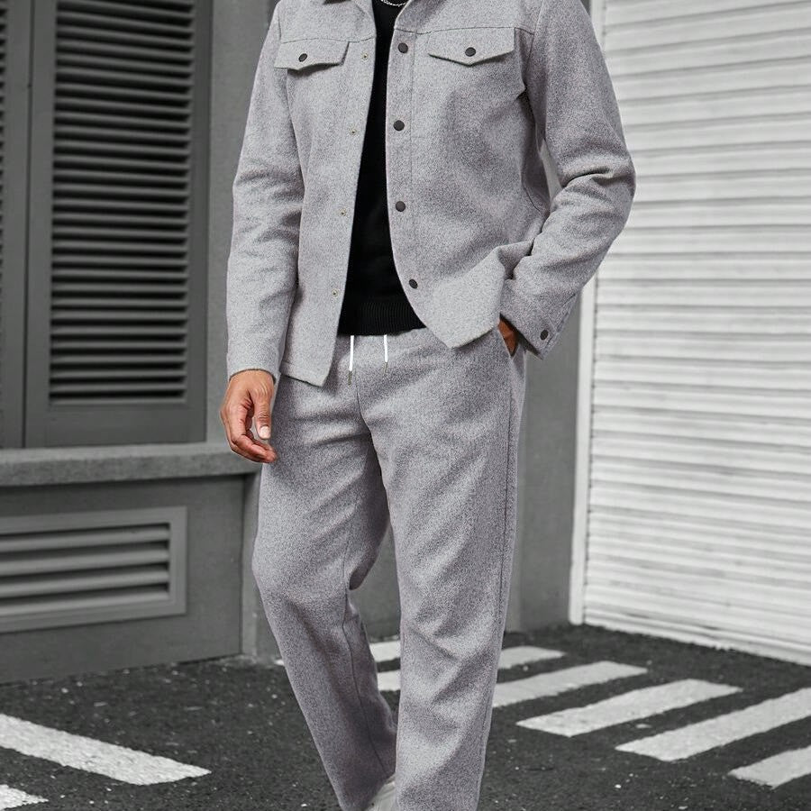 KZZ Men's Solid Color Pocket Jacket and Belt Waist Pants Sport Suit Regular Version Mature Business Style