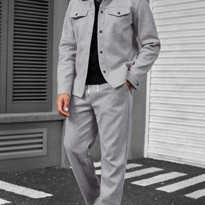 KZZ Men's Solid Color Pocket Jacket and Belt Waist Pants Sport Suit Regular Version Mature Business Style