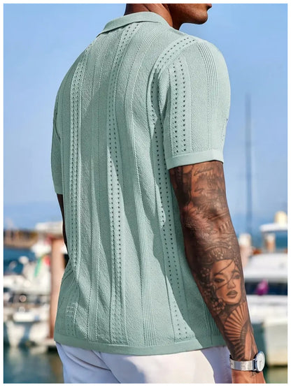 KZZ Men's solid color lapel hollowed-out breathable short-sleeved top