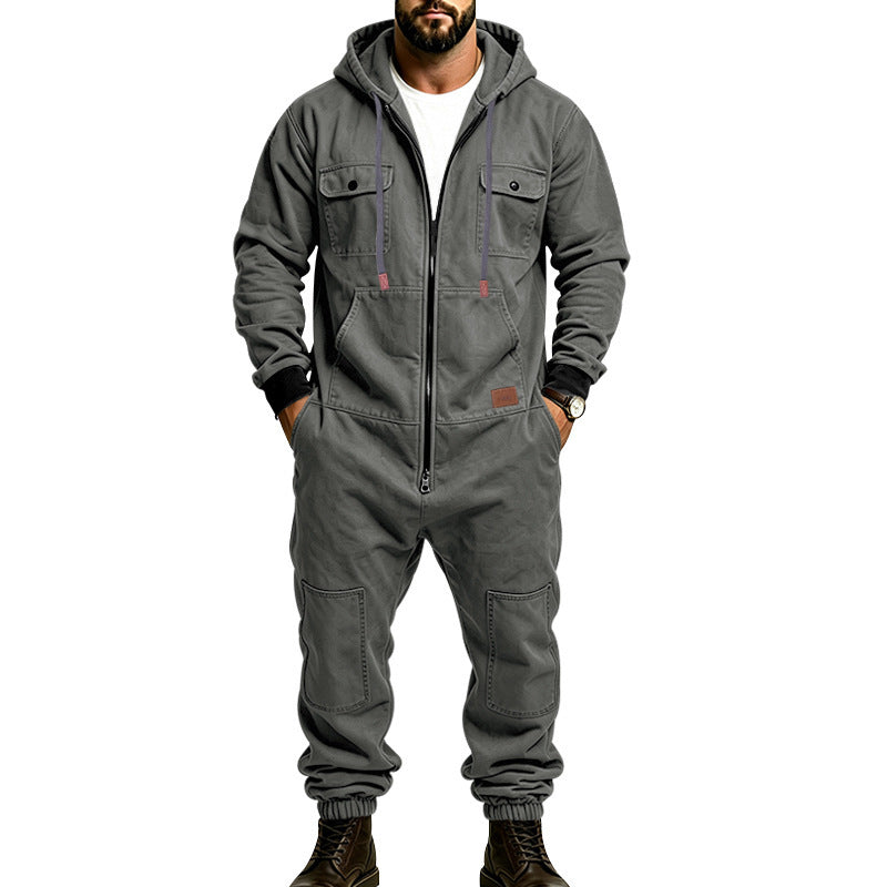 KZZ Men's Hooded Workwear Casual Street Style Jumpsuit