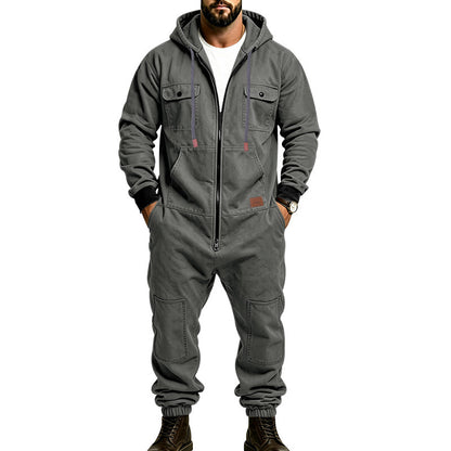 KZZ Men's Hooded Workwear Casual Street Style Jumpsuit