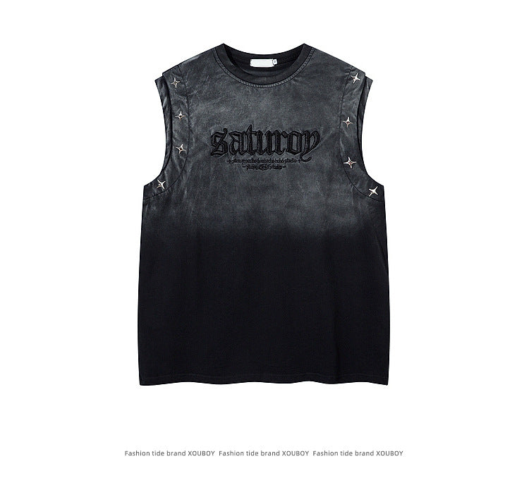 KZZ Men's American Retro-Style Sleeveless Tank Top with Gradient Letter Print