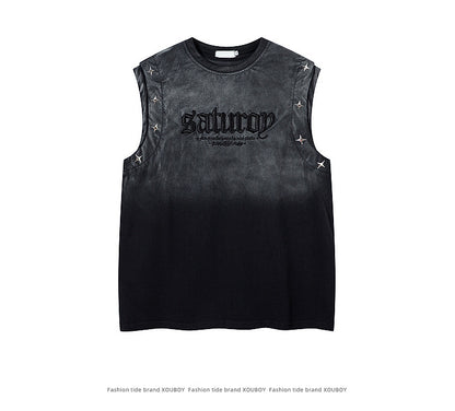 KZZ Men's American Retro-Style Sleeveless Tank Top with Gradient Letter Print