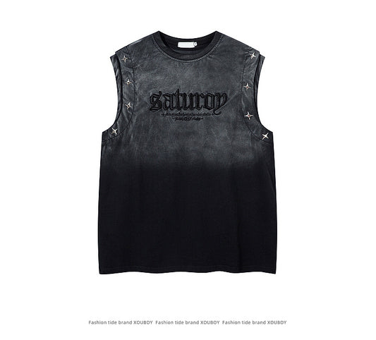 KZZ Men's American Retro-Style Sleeveless Tank Top with Gradient Letter Print
