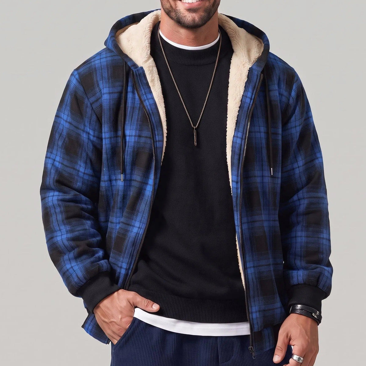 KZZ Men's Long-Sleeve Plaid Jacket