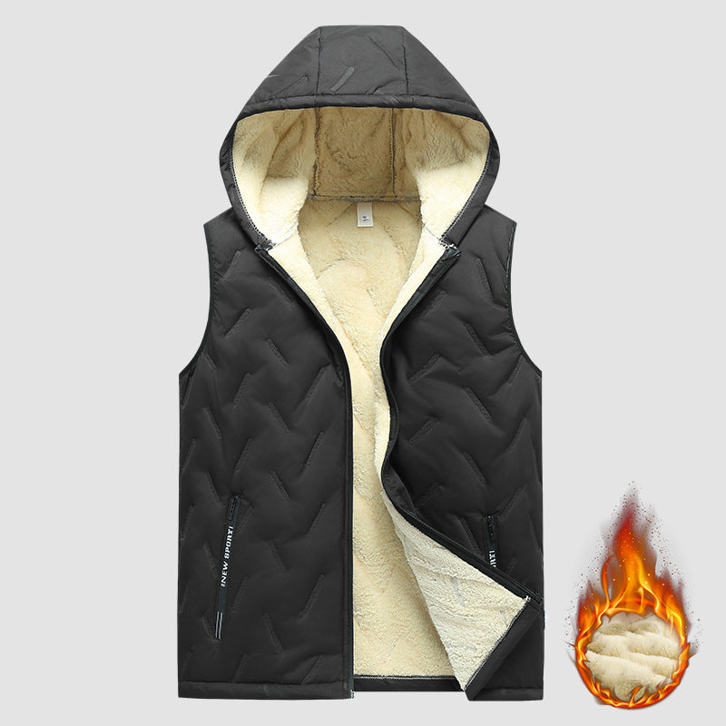 KZZ black hooded fleece vest,  fleece lining for warm practicality, zipper pockets convenient