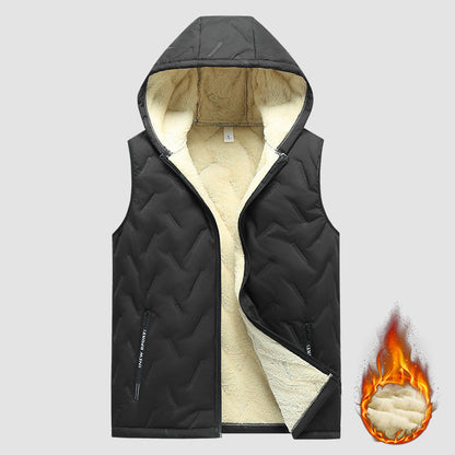 KZZ black hooded fleece vest,  fleece lining for warm practicality, zipper pockets convenient