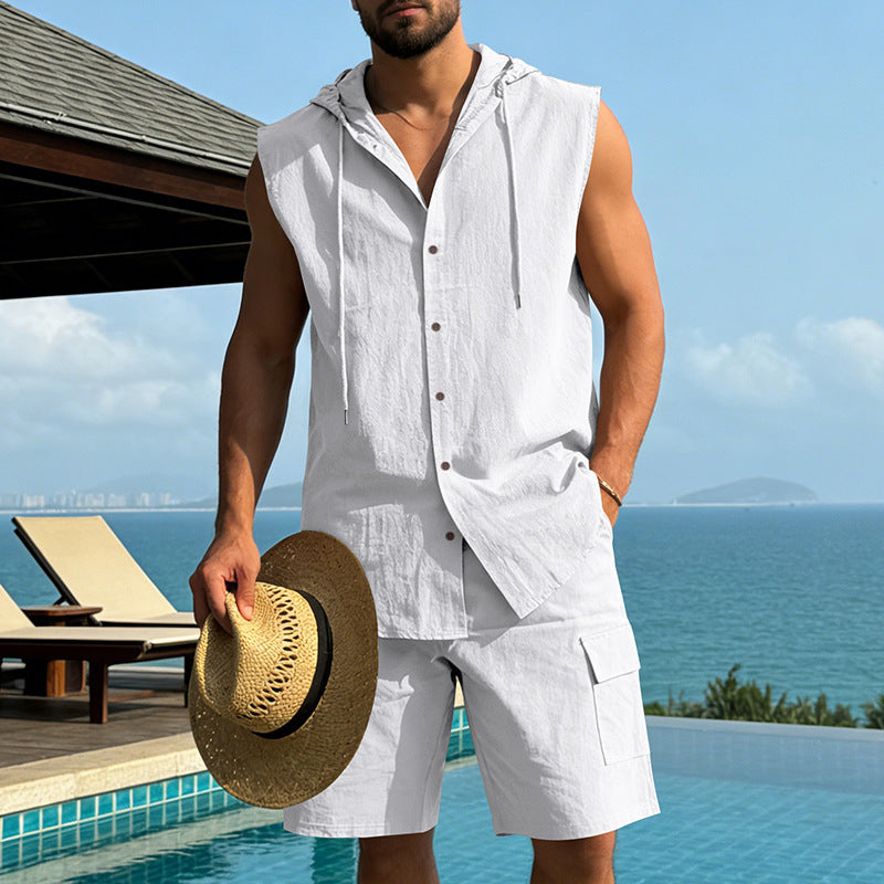 KZZ Loose-Fit, Breathable Linen Summer Set: Hooded Sleeveless Shirt & Cargo Shorts