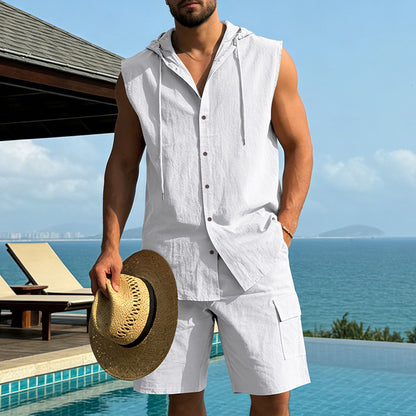 KZZ Loose-Fit, Breathable Linen Summer Set: Hooded Sleeveless Shirt & Cargo Shorts