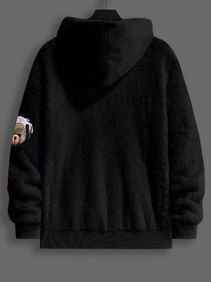 KZZ Men's Cartoon Bear Embroidery Pocket Fuzzy Hoodie
