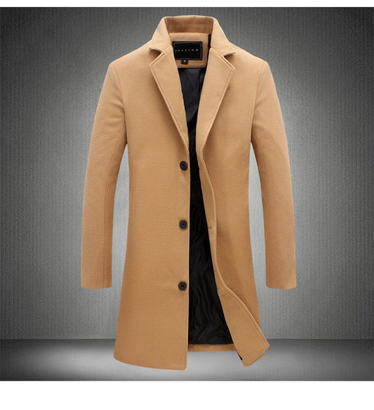 KZZ Men's Solid Button Front Lapel Neck Midi Coat Wear