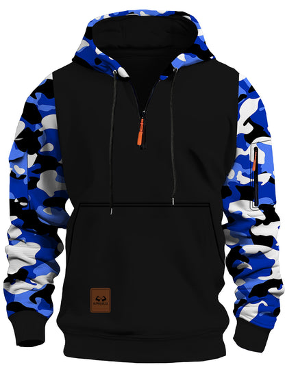 KZZ Stitching Hooded Men's Fashion Camouflage American Vintage Zipper Sweater