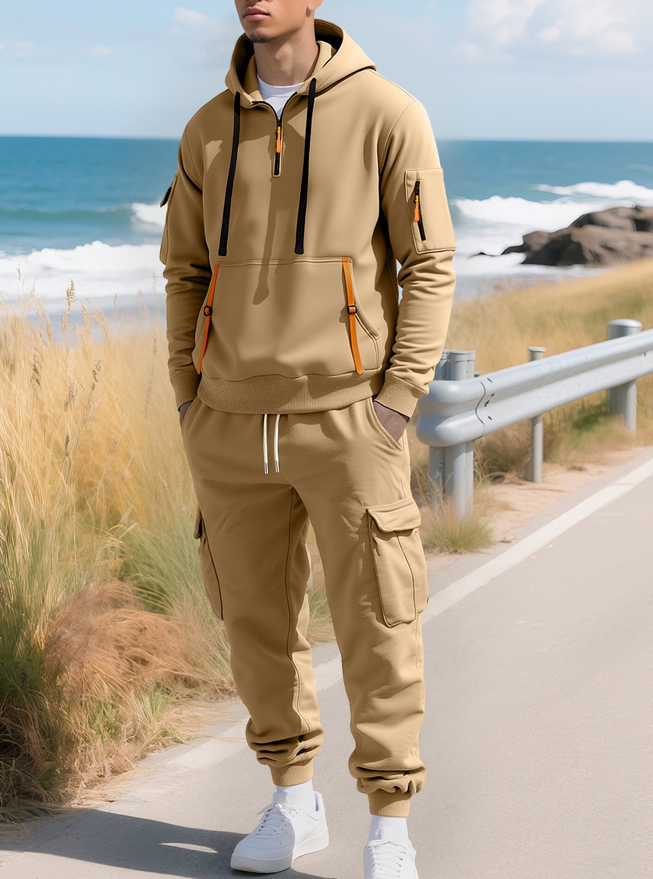 KZZ Men's Fall & Winter Hooded Casual Tracksuit Set: featuring a zip-front hooded design, cargo pants with multiple pockets